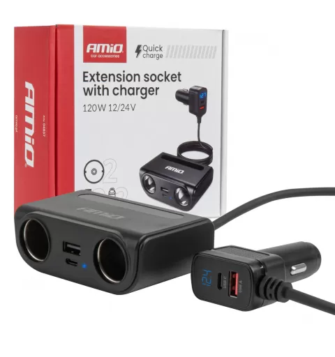 Prailgintuvo lizdas su įkrovikliu USB-C USB-A QC3.0 PD3.0, 120W AMIO-04837