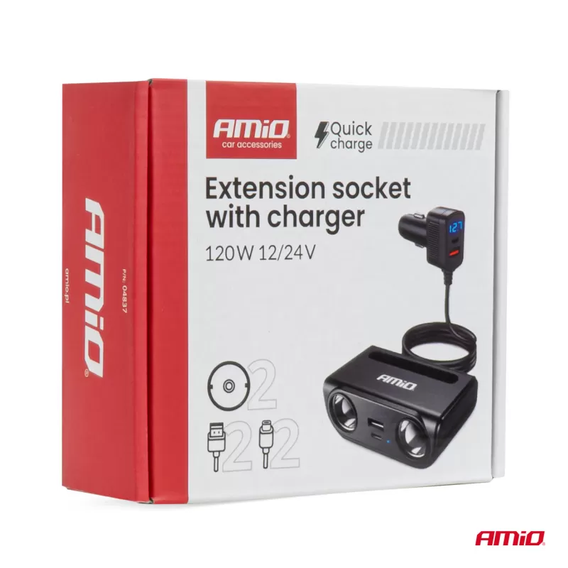 Prailgintuvo lizdas su įkrovikliu USB-C USB-A QC3.0 PD3.0, 120W AMIO-04837