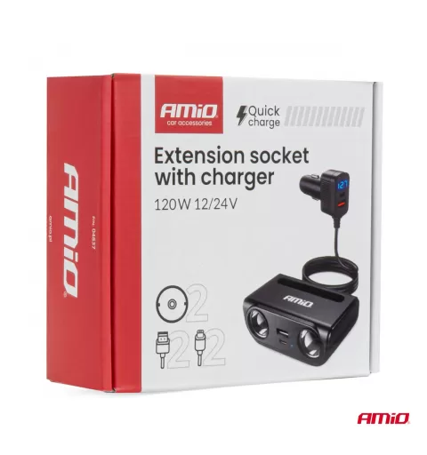 Prailgintuvo lizdas su įkrovikliu USB-C USB-A QC3.0 PD3.0, 120W AMIO-04837