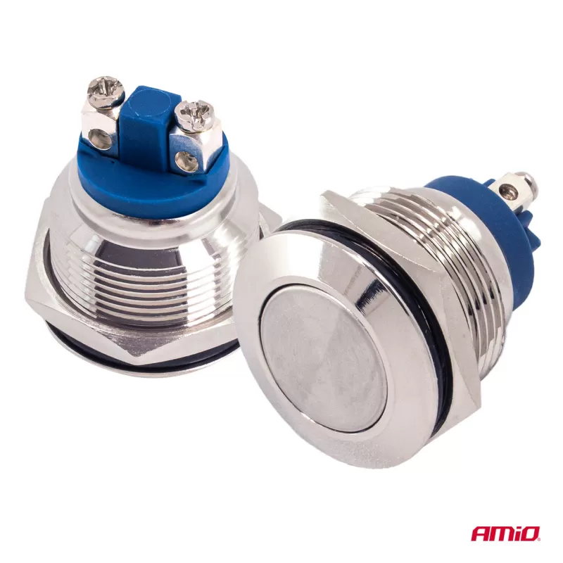 Plokščias apvalus plieninis momentinis mygtukas 19 mm, 5 A, 12/230 V, AMIO-04436