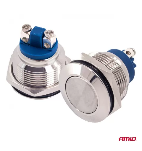 Plokščias apvalus plieninis momentinis mygtukas 19 mm, 5 A, 12/230 V, AMIO-04436