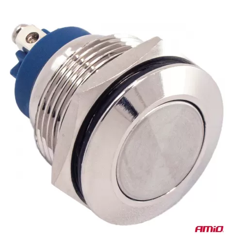 Plokščias apvalus plieninis momentinis mygtukas 19 mm, 5 A, 12/230 V, AMIO-04436