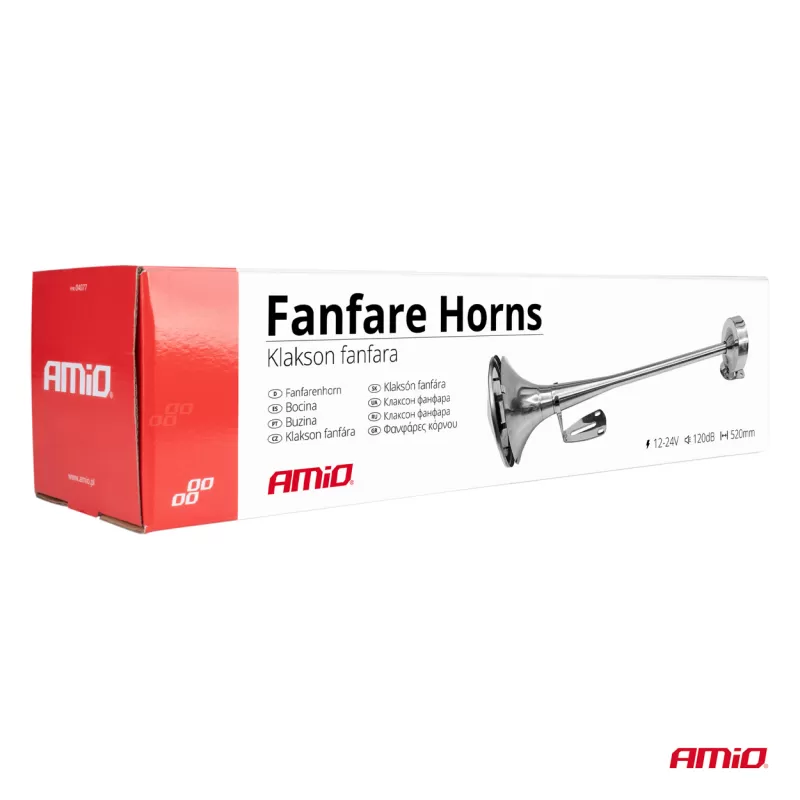 Fanfarinis garso signalas, chromuotas, 520mm, 12V 24V, HighTone, AMIO-04077