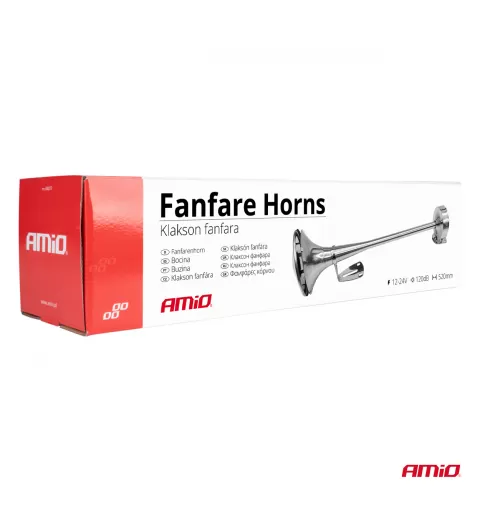 Fanfarinis garso signalas, chromuotas, 520mm, 12V 24V, HighTone, AMIO-04077