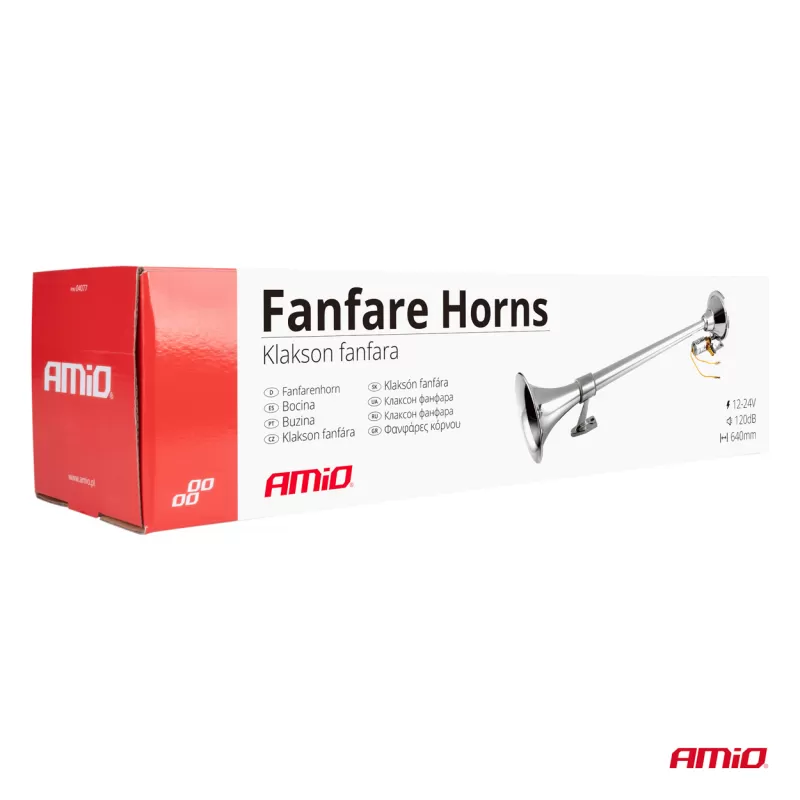 Fanfarinis garso signalas, chromuotas, 640mm, 12V 24V, AMIO-04076