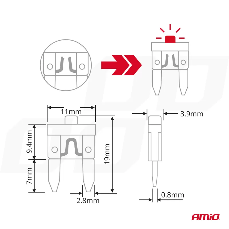 LED automobilio peiliuko tipo standartiniai saugikliai AMIO-04340