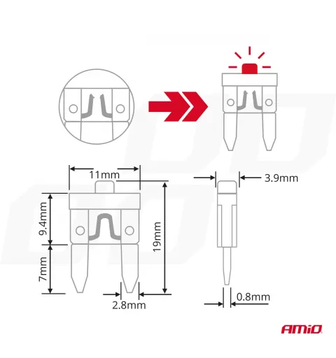 LED automobilio peiliuko tipo standartiniai saugikliai AMIO-04340