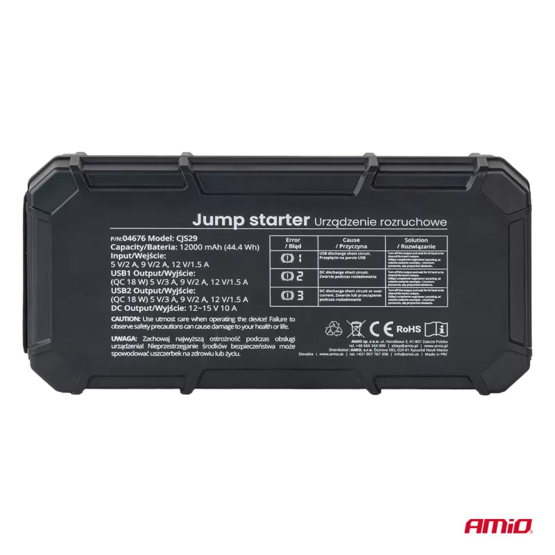 Nešiojamas 3in1 paleidimo įrenginys/LED/išorinė baterija 12V 12Ah 1000A PRO AMIO-04676