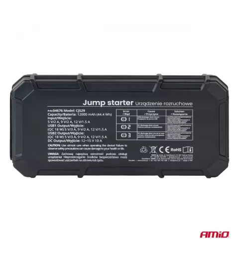 Nešiojamas 3in1 paleidimo įrenginys/LED/išorinė baterija 12V 12Ah 1000A PRO AMIO-04676