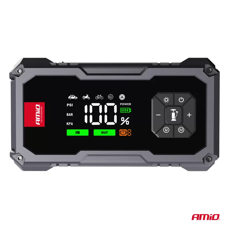 Nešiojamas 4in1 paleidimo įrenginys/LED/oro kompresorius/išorinė baterija 12V 7,2Ah 600A PRO AMIO-04674