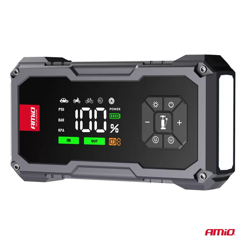 Nešiojamas 4in1 paleidimo įrenginys/LED/oro kompresorius/išorinė baterija 12V 7,2Ah 600A PRO AMIO-04674