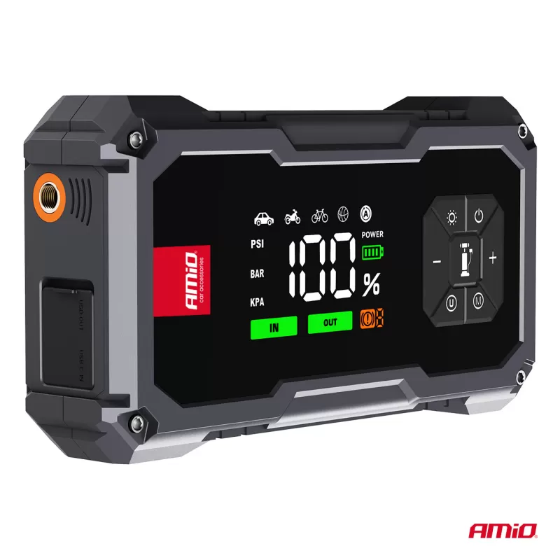 Nešiojamas 4in1 paleidimo įrenginys/LED/oro kompresorius/išorinė baterija 12V 7,2Ah 600A PRO AMIO-04674