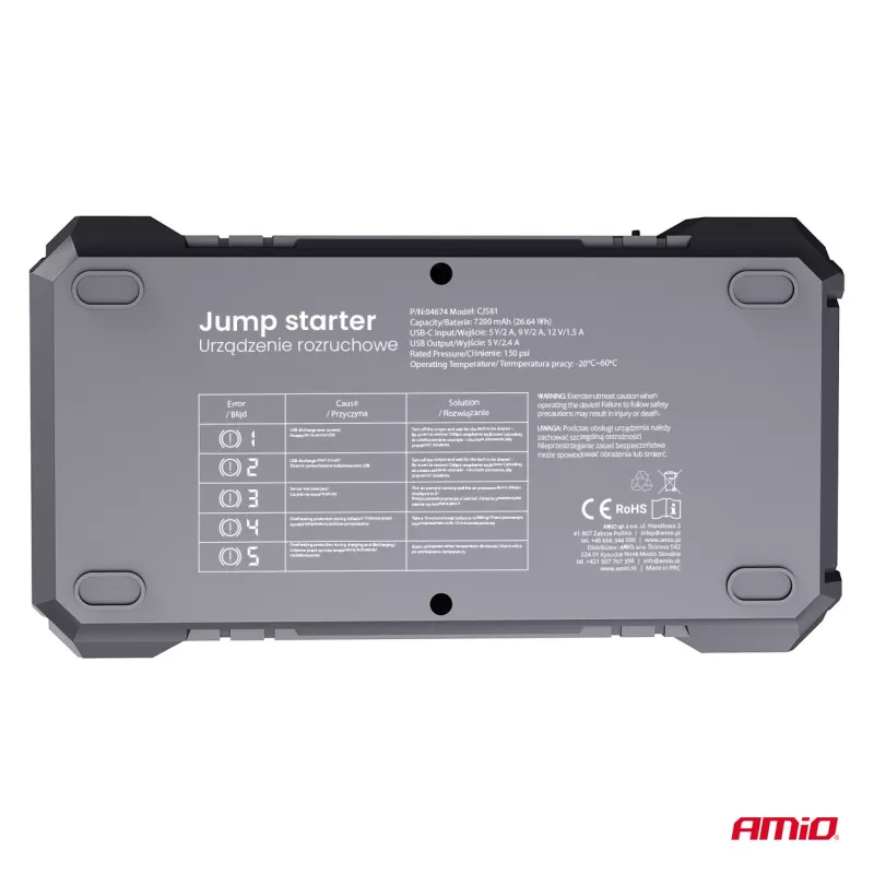 Nešiojamas 4in1 paleidimo įrenginys/LED/oro kompresorius/išorinė baterija 12V 7,2Ah 600A PRO AMIO-04674