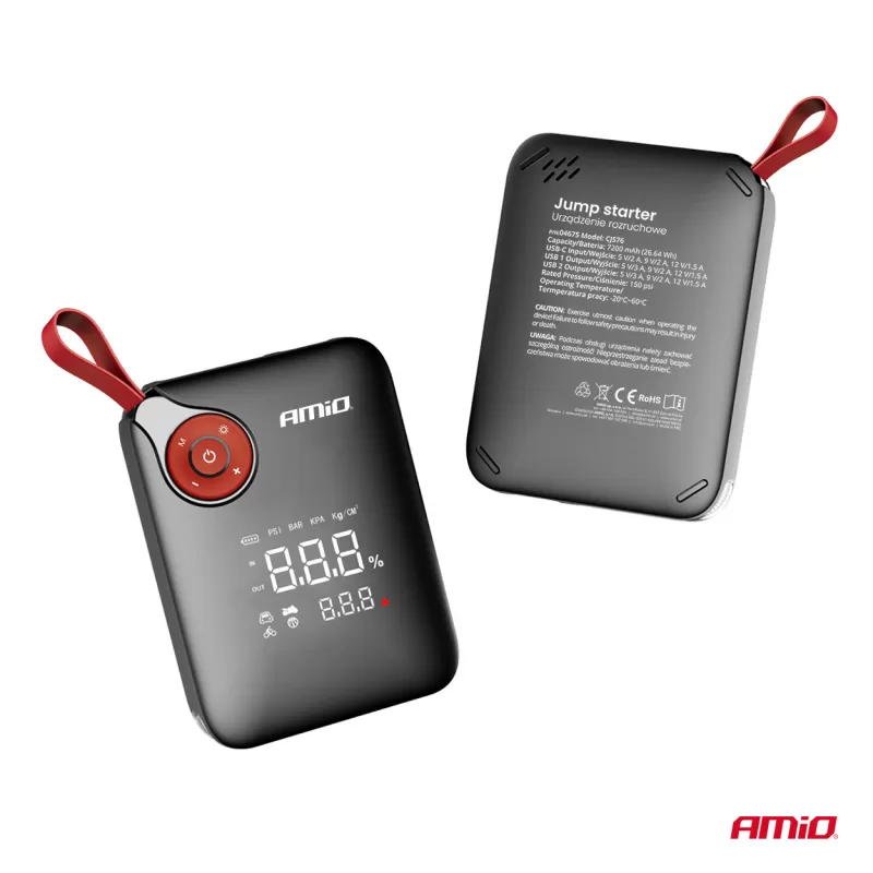Nešiojamas mini 4in1 paleidimo įrenginys/LED/oro kompresorius/išorinė baterija 12V 7,2Ah 600A PRO AMIO-04675
