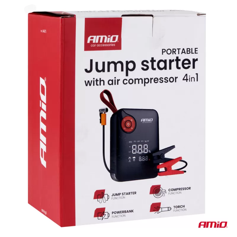 Nešiojamas mini 4in1 paleidimo įrenginys/LED/oro kompresorius/išorinė baterija 12V 7,2Ah 600A PRO AMIO-04675