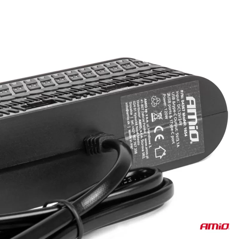 Keturvietis prailgintuvo lizdo įkroviklis 2x USB A 1x USB C 12/24V 120W 80cm AMIO-04367