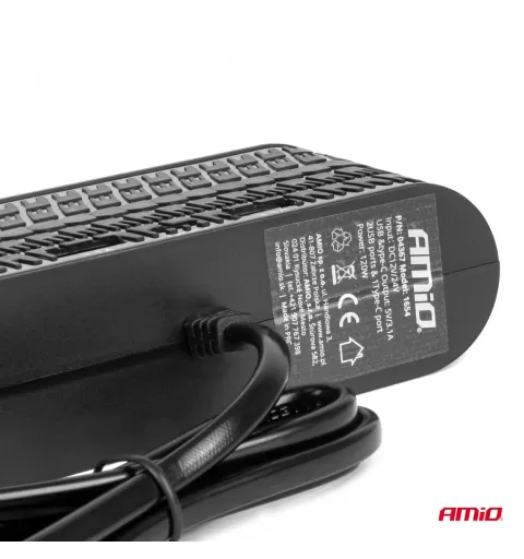 Keturvietis prailgintuvo lizdo įkroviklis 2x USB A 1x USB C 12/24V 120W 80cm AMIO-04367