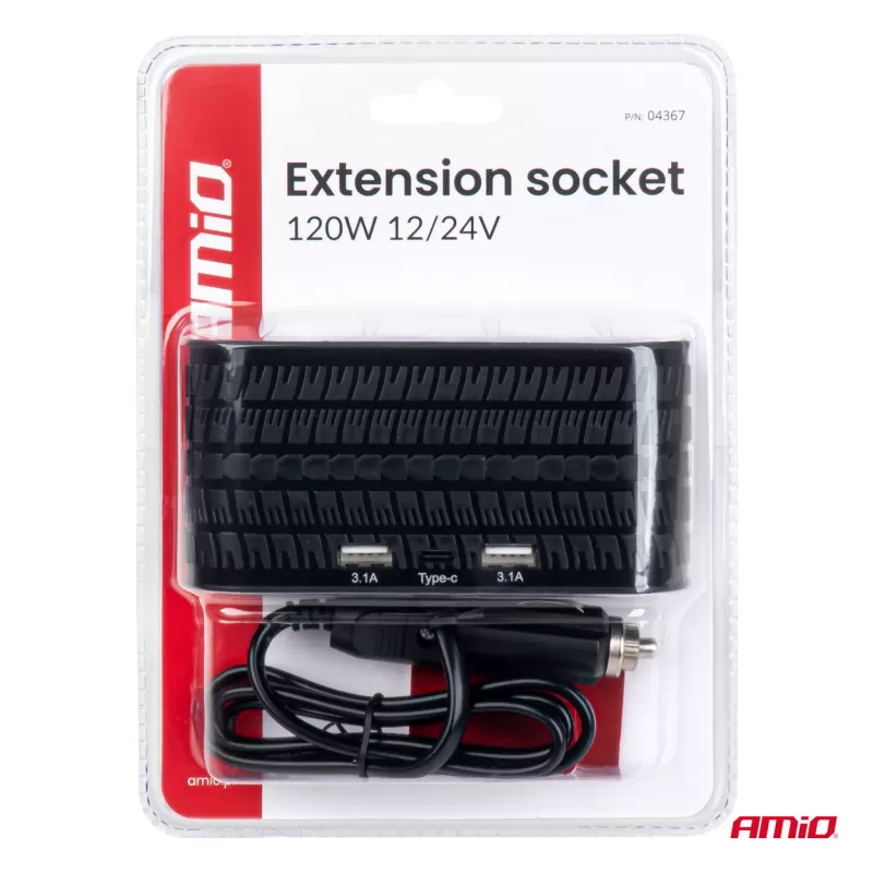 Keturvietis prailgintuvo lizdo įkroviklis 2x USB A 1x USB C 12/24V 120W 80cm AMIO-04367