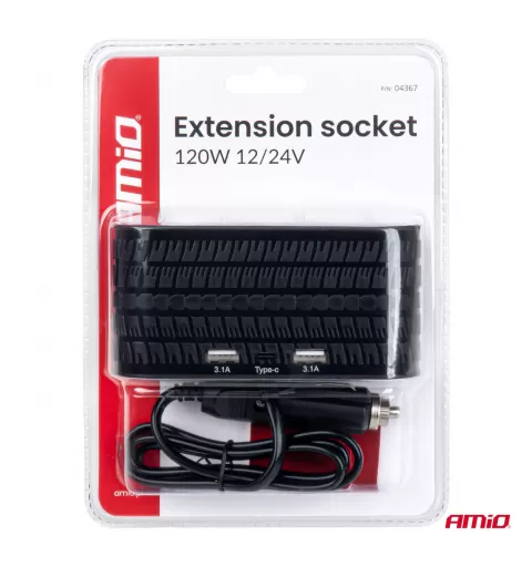 Keturvietis prailgintuvo lizdo įkroviklis 2x USB A 1x USB C 12/24V 120W 80cm AMIO-04367