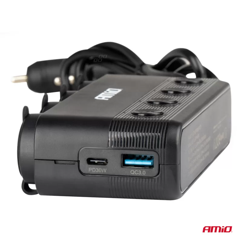 Keturvietis prailgintuvo lizdas PD30W QC3.0 12/24V maks. 216W AMIO-04175