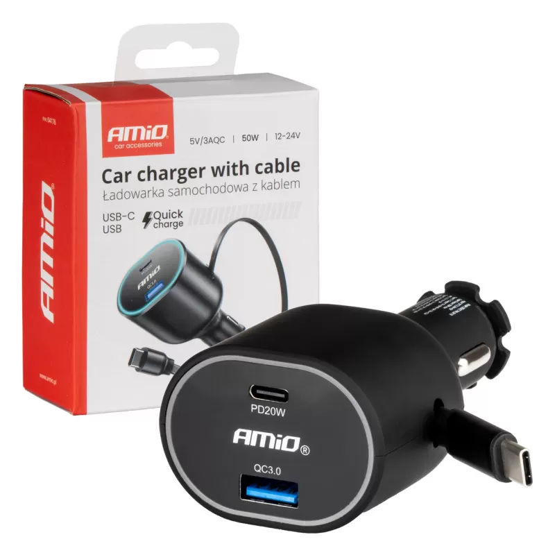 Greitas automobilinis įkroviklis 3.0 su 30W C susukamu laidu PD20W AMIO-04176