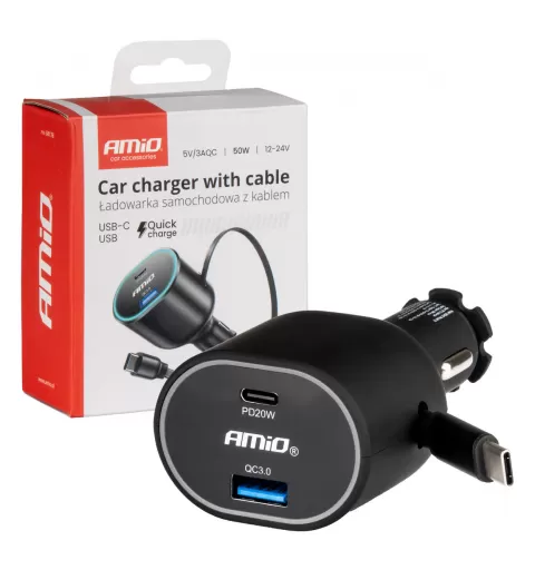 Greitas automobilinis įkroviklis 3.0 su 30W C susukamu laidu PD20W AMIO-04176