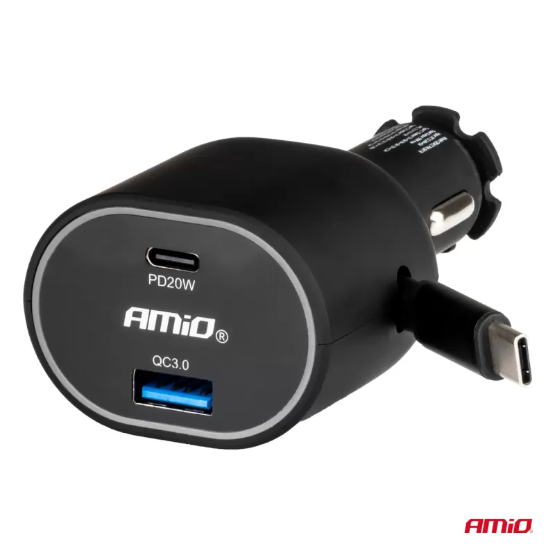 Greitas automobilinis įkroviklis 3.0 su 30W C susukamu laidu PD20W AMIO-04176