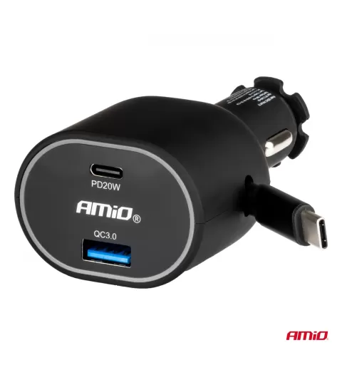 Greitas automobilinis įkroviklis 3.0 su 30W C susukamu laidu PD20W AMIO-04176