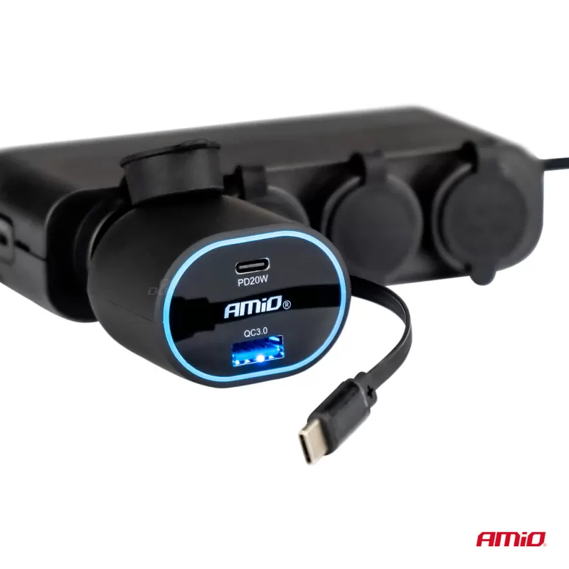 Greitas automobilinis įkroviklis 3.0 su 30W C susukamu laidu PD20W AMIO-04176