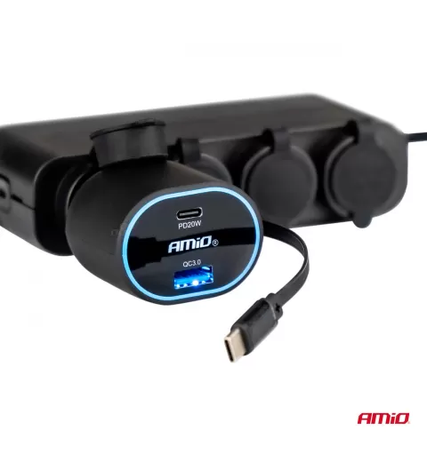 Greitas automobilinis įkroviklis 3.0 su 30W C susukamu laidu PD20W AMIO-04176