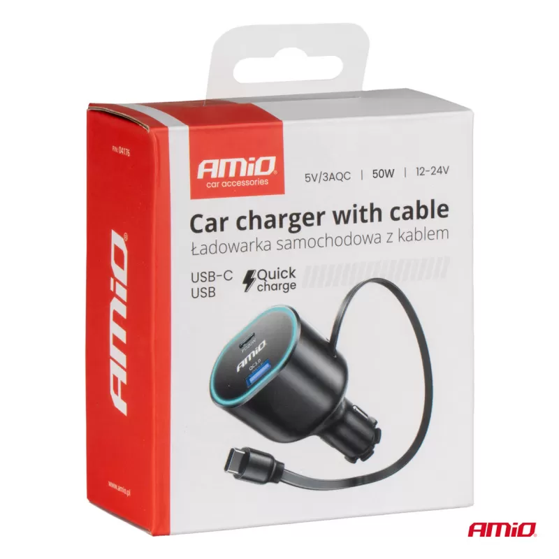 Greitas automobilinis įkroviklis 3.0 su 30W C susukamu laidu PD20W AMIO-04176