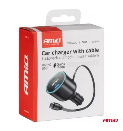 Greitas automobilinis įkroviklis 3.0 su 30W C susukamu laidu PD20W AMIO-04176