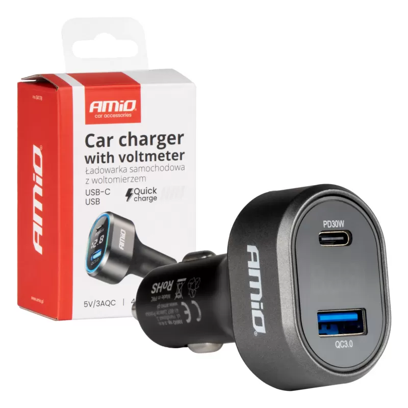 Greitas automobilinis įkroviklis su įtampos LED ekranu 3.0 PD30W AMIO-04178
