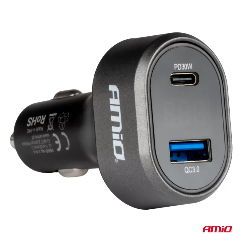 Greitas automobilinis įkroviklis su įtampos LED ekranu 3.0 PD30W AMIO-04178