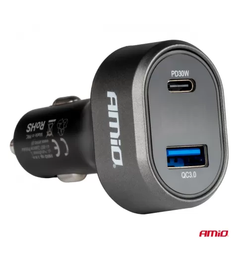 Greitas automobilinis įkroviklis su įtampos LED ekranu 3.0 PD30W AMIO-04178
