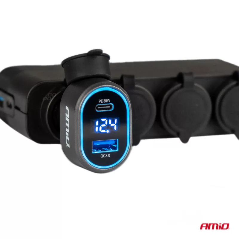 Greitas automobilinis įkroviklis su įtampos LED ekranu 3.0 PD30W AMIO-04178
