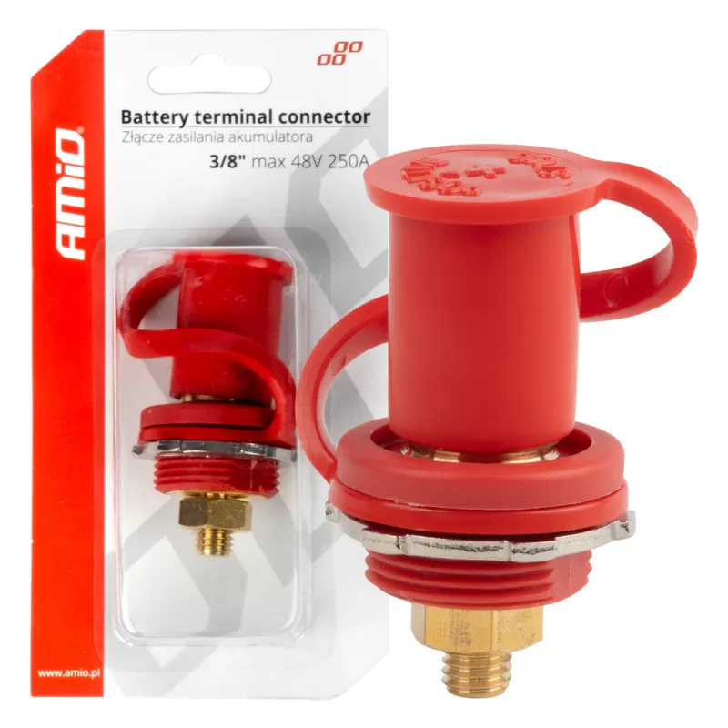 Raudonas plius akumuliatoriaus maitinimo jungtis su dangteliu 3/8 M10 12V 24V 48V 250A AMIO-03814