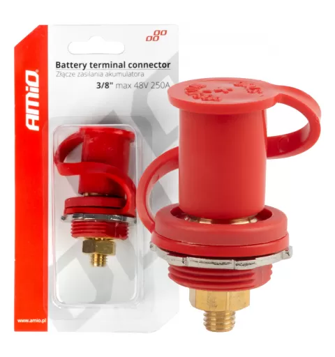 Raudonas plius akumuliatoriaus maitinimo jungtis su dangteliu 3/8 M10 12V 24V 48V 250A AMIO-03814