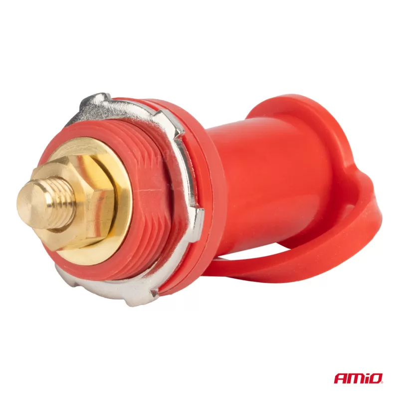 Raudonas plius akumuliatoriaus maitinimo jungtis su dangteliu 3/8 M10 12V 24V 48V 250A AMIO-03814