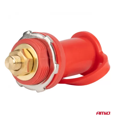 Raudonas plius akumuliatoriaus maitinimo jungtis su dangteliu 3/8 M10 12V 24V 48V 250A AMIO-03814