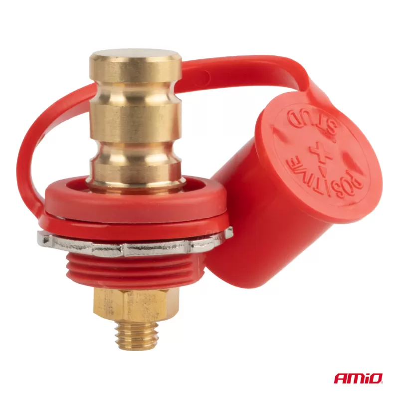 Raudonas plius akumuliatoriaus maitinimo jungtis su dangteliu 3/8 M10 12V 24V 48V 250A AMIO-03814