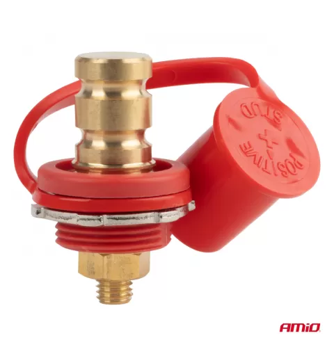 Raudonas plius akumuliatoriaus maitinimo jungtis su dangteliu 3/8 M10 12V 24V 48V 250A AMIO-03814