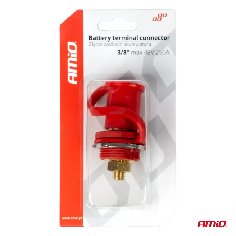 Raudonas plius akumuliatoriaus maitinimo jungtis su dangteliu 3/8 M10 12V 24V 48V 250A AMIO-03814