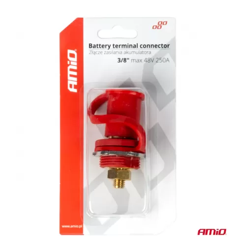 Raudonas plius akumuliatoriaus maitinimo jungtis su dangteliu 3/8 M10 12V 24V 48V 250A AMIO-03814