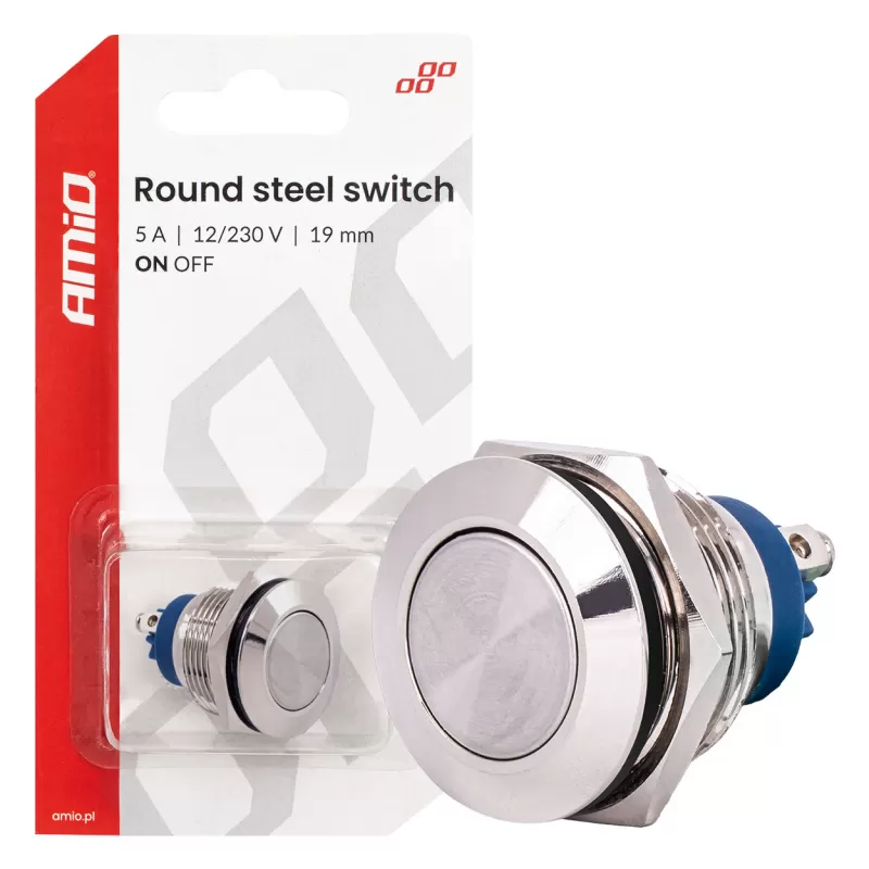 Apvalus plieninis jungiklis ON/OFF 19mm 5A 12/230V AMIO-04474