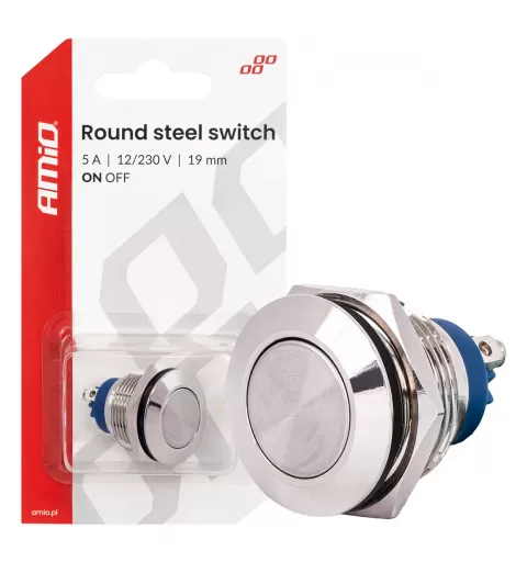 Apvalus plieninis jungiklis ON/OFF 19mm 5A 12/230V AMIO-04474
