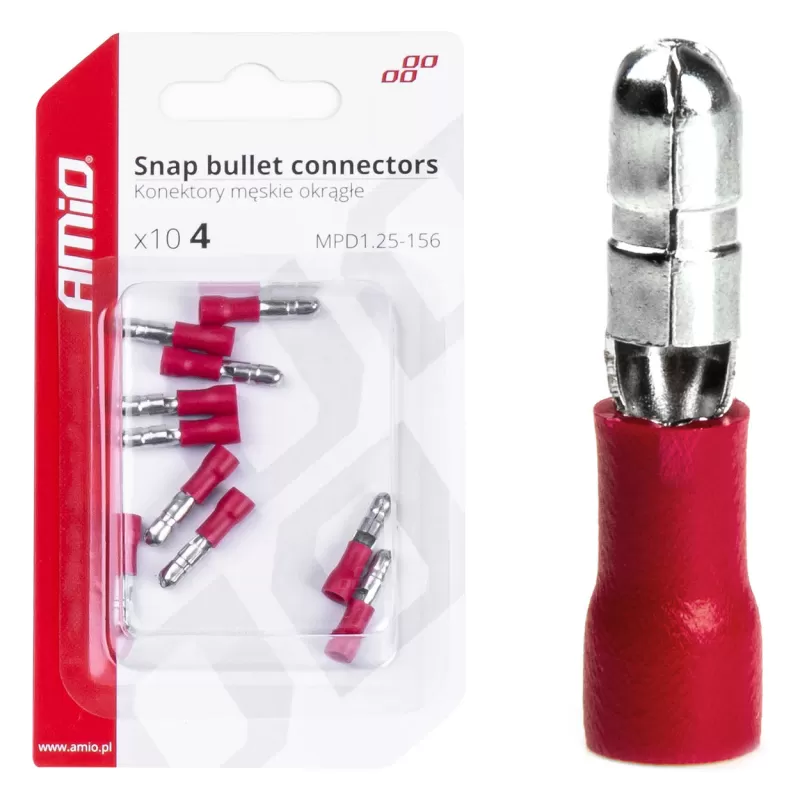 Cilindrinės kulkos formos jungtys 4mm 0,5-1,5mm² 10A, 10 vnt.