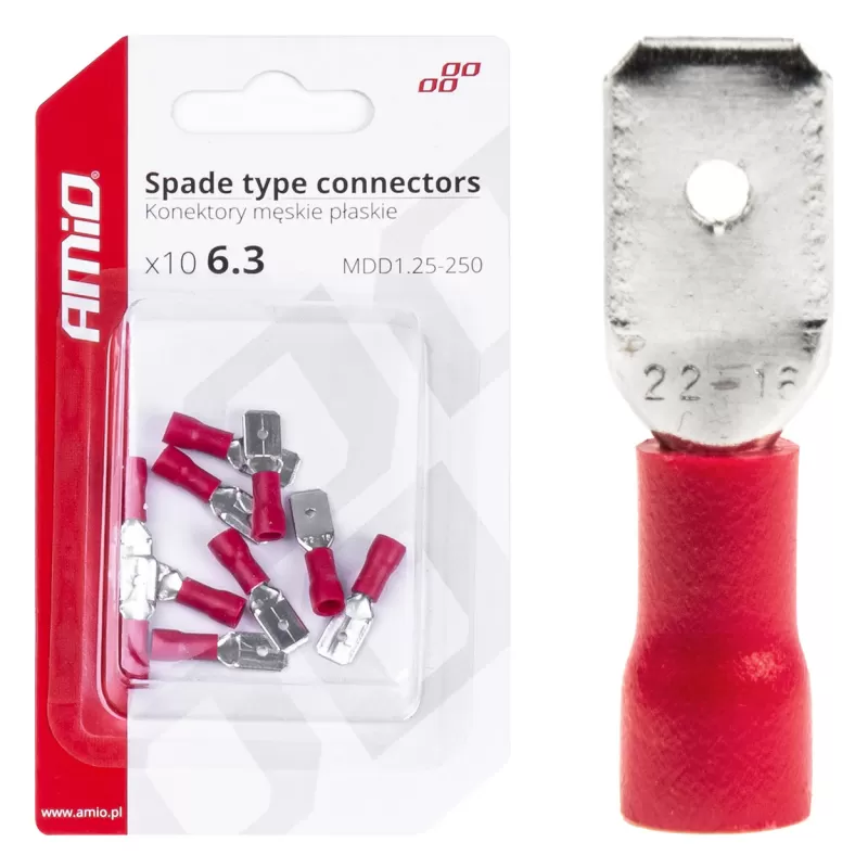 Plokščio tipo gnybtai 6,3mm 0,5-1,5mm² 10A, 10 vnt.