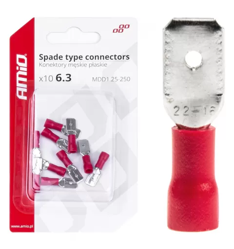 Plokščio tipo gnybtai 6,3mm 0,5-1,5mm² 10A, 10 vnt.