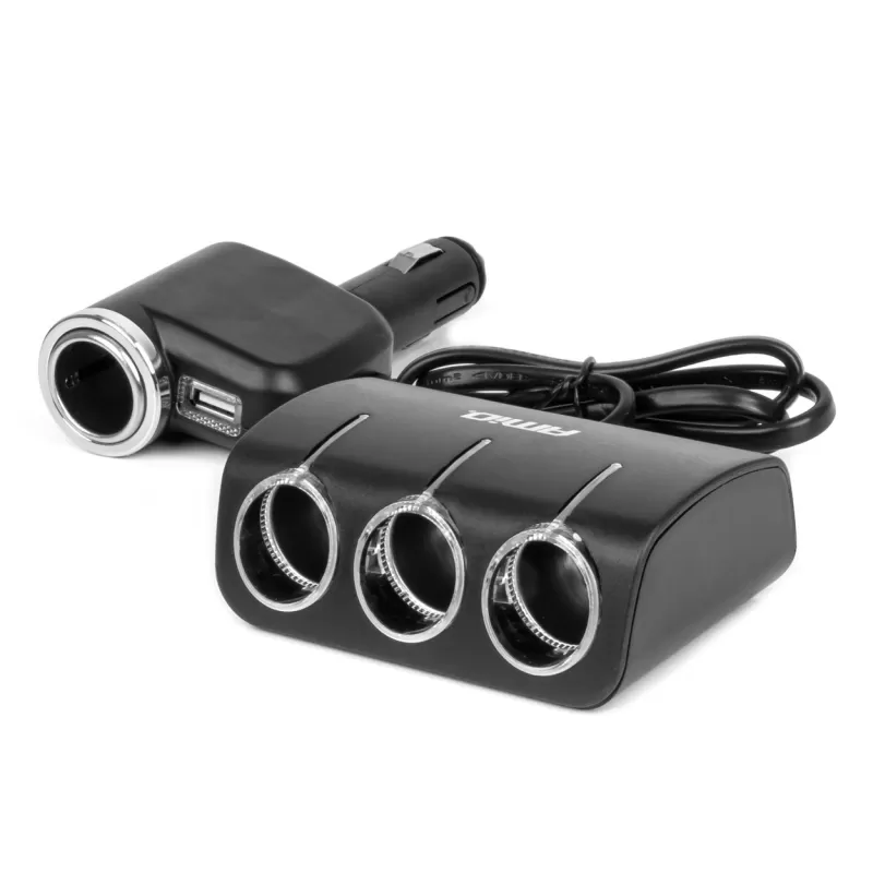 Trigubas prailgintuvo lizdo įkroviklis 1x USB A 1x žiebtuvėlio lizdas 12/24V 120W 80cm AMIO-04360